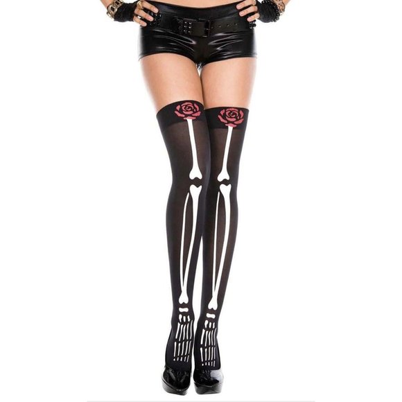 Black Skeleton print with top rose design thigh high Sexy Stockings -4336 - Picture 1 of 1